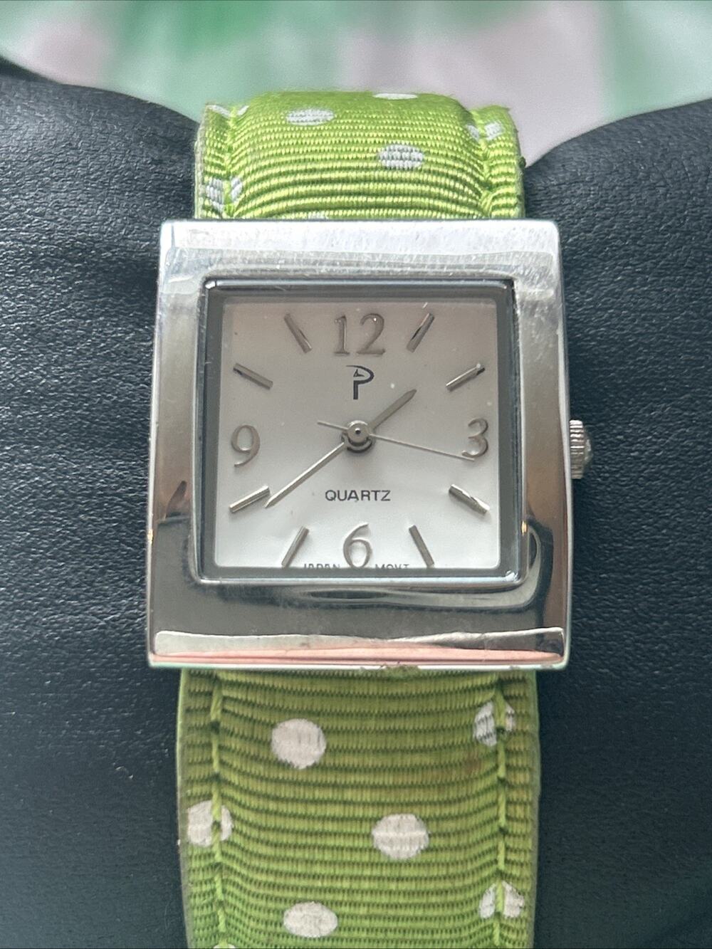 P Silver Tone Green Polka Dot Band Women’s Cuff Watch